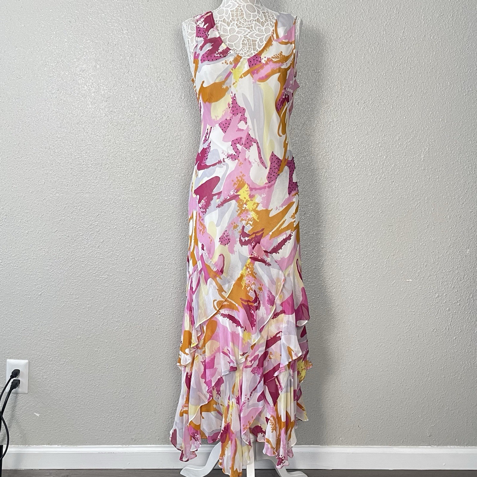 Majick Abstract Maxi Dress XL Beaded Bias Cut Pink Layered Hem Wedding Y2K Artsy
