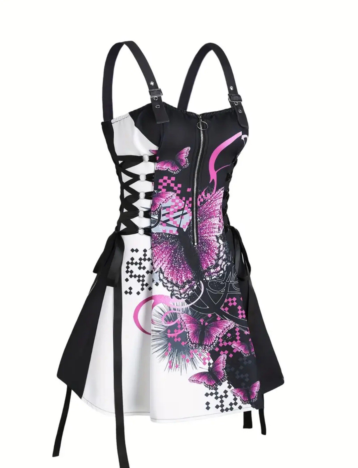 Sleeveless Butterfly Print Dress with Adjustable Straps Half Zipper Size XXL-14