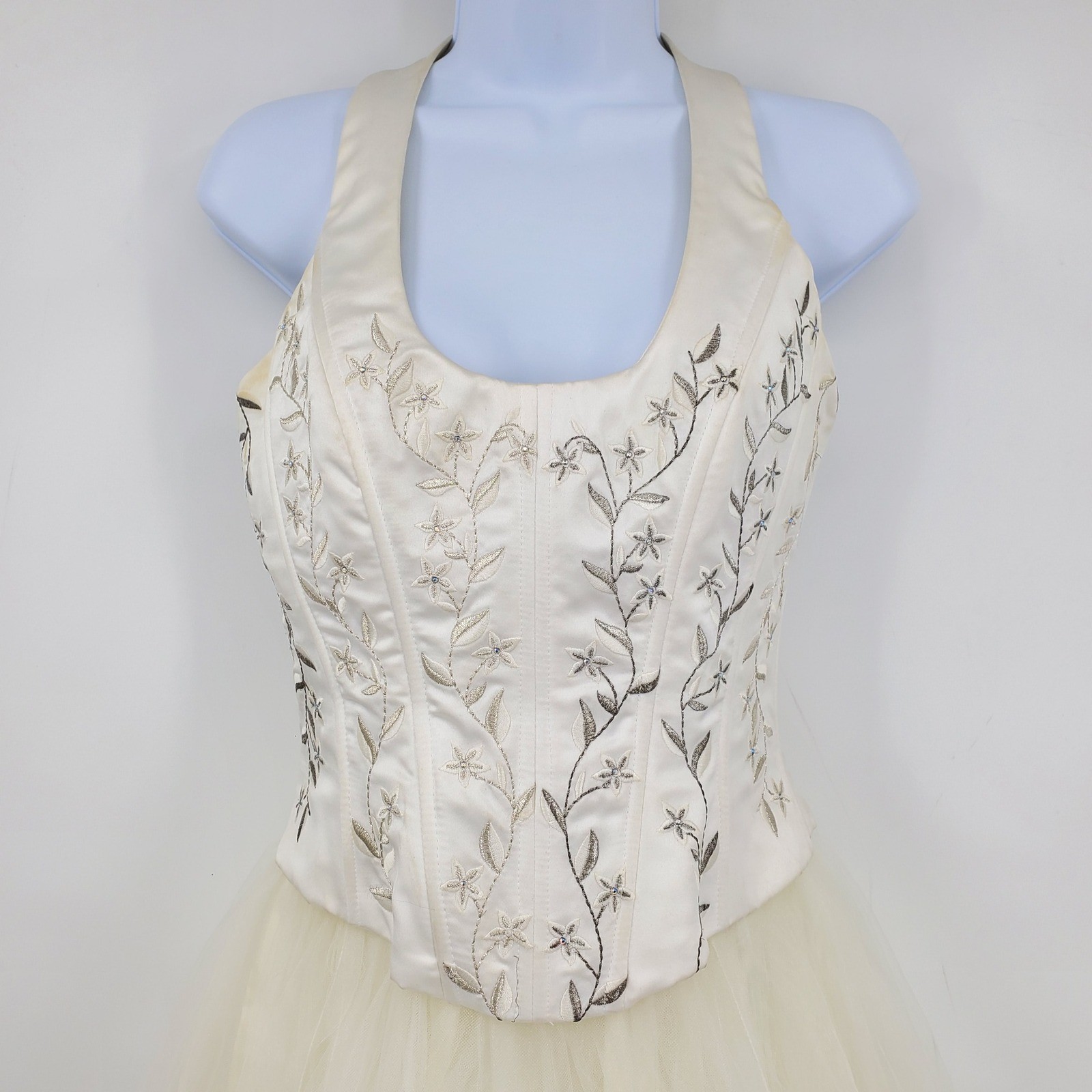 Vintage Cache Ivory Embroidered Halter Tulle Ball Gown Formal Dress 6 Wedding