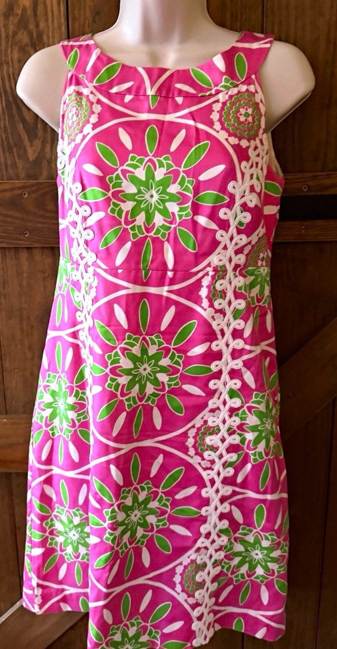 Lilly Pulitzer Womens Pink Green White Floral Shift Dress Silk Lined 4