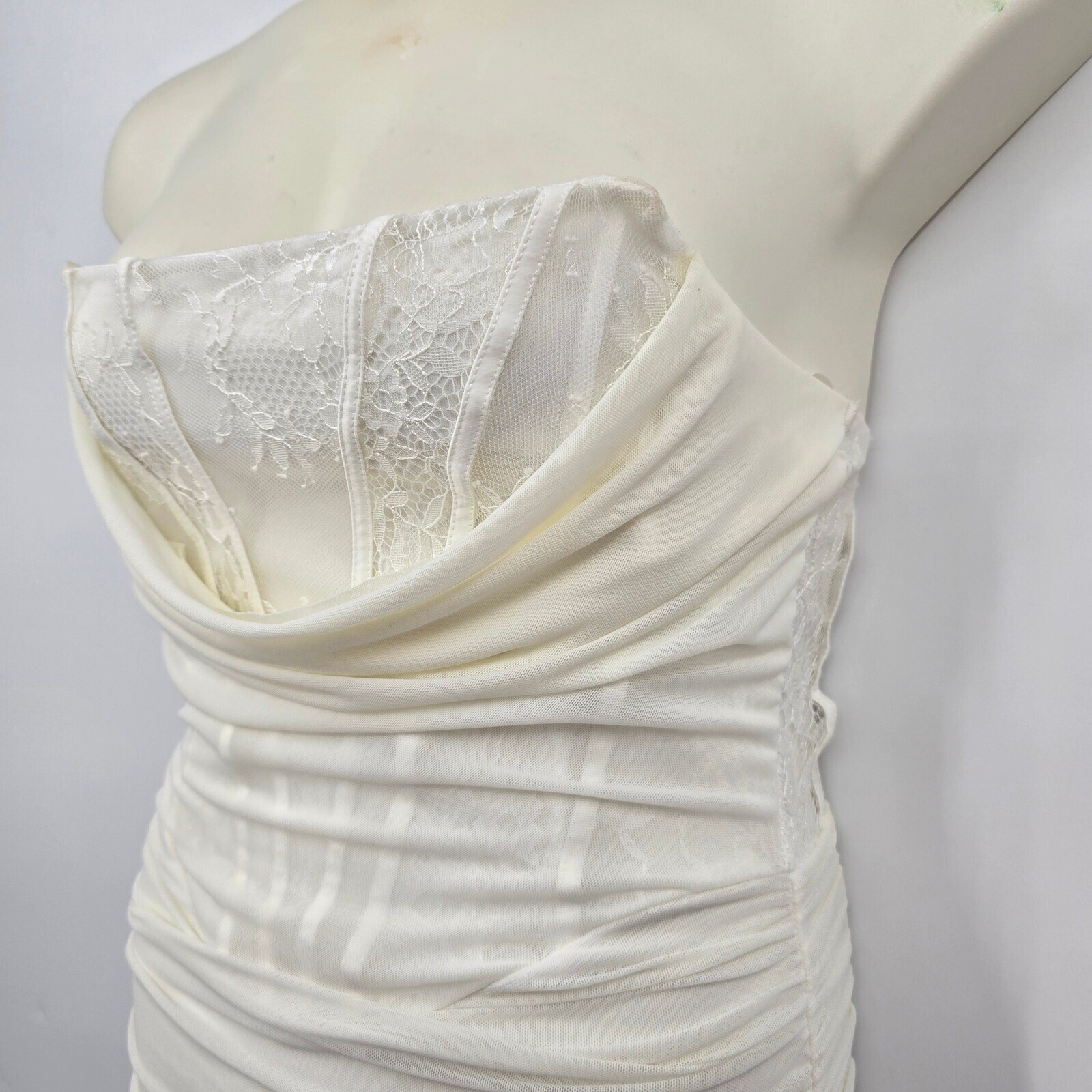 Mad For Love Strapless Mini Dress Ruched Bodycon Lace Corset White M