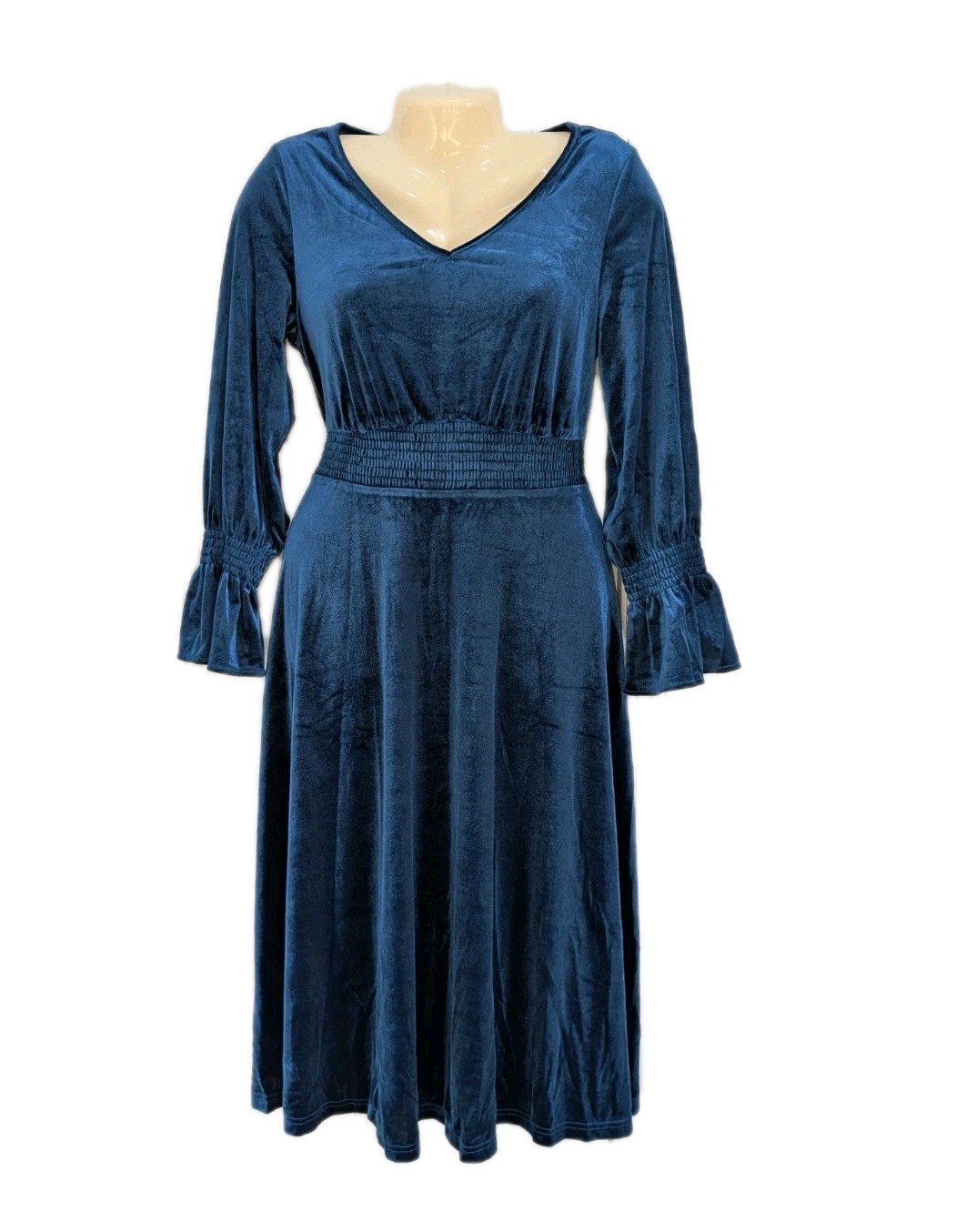Womens Peacock Blue Velvet Elastic Smocked Waist V-neck Midi Party Dress Size M