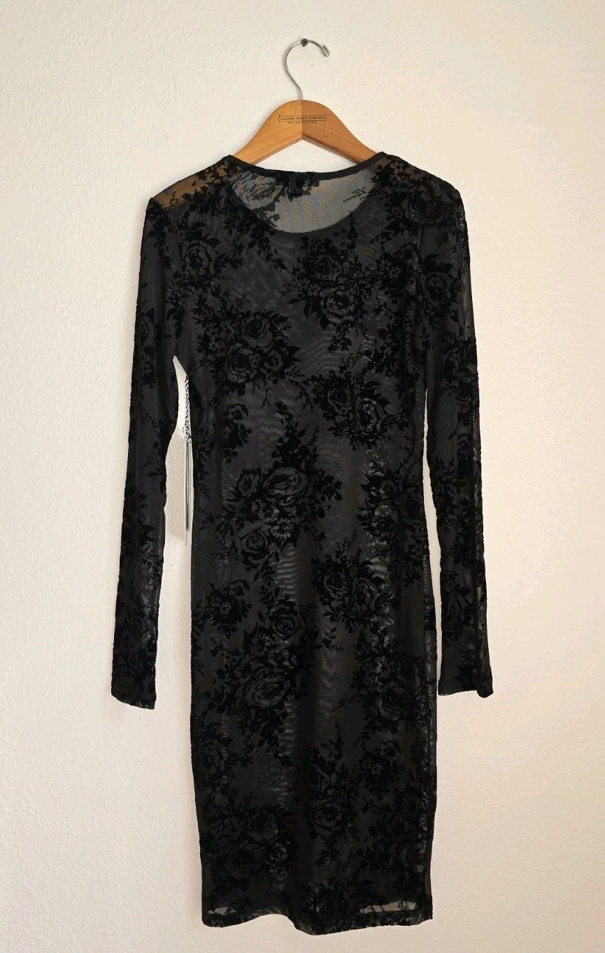 NWT IRIS Sheer Black Lace Overlay Dress Womens Medium Long Sleeves