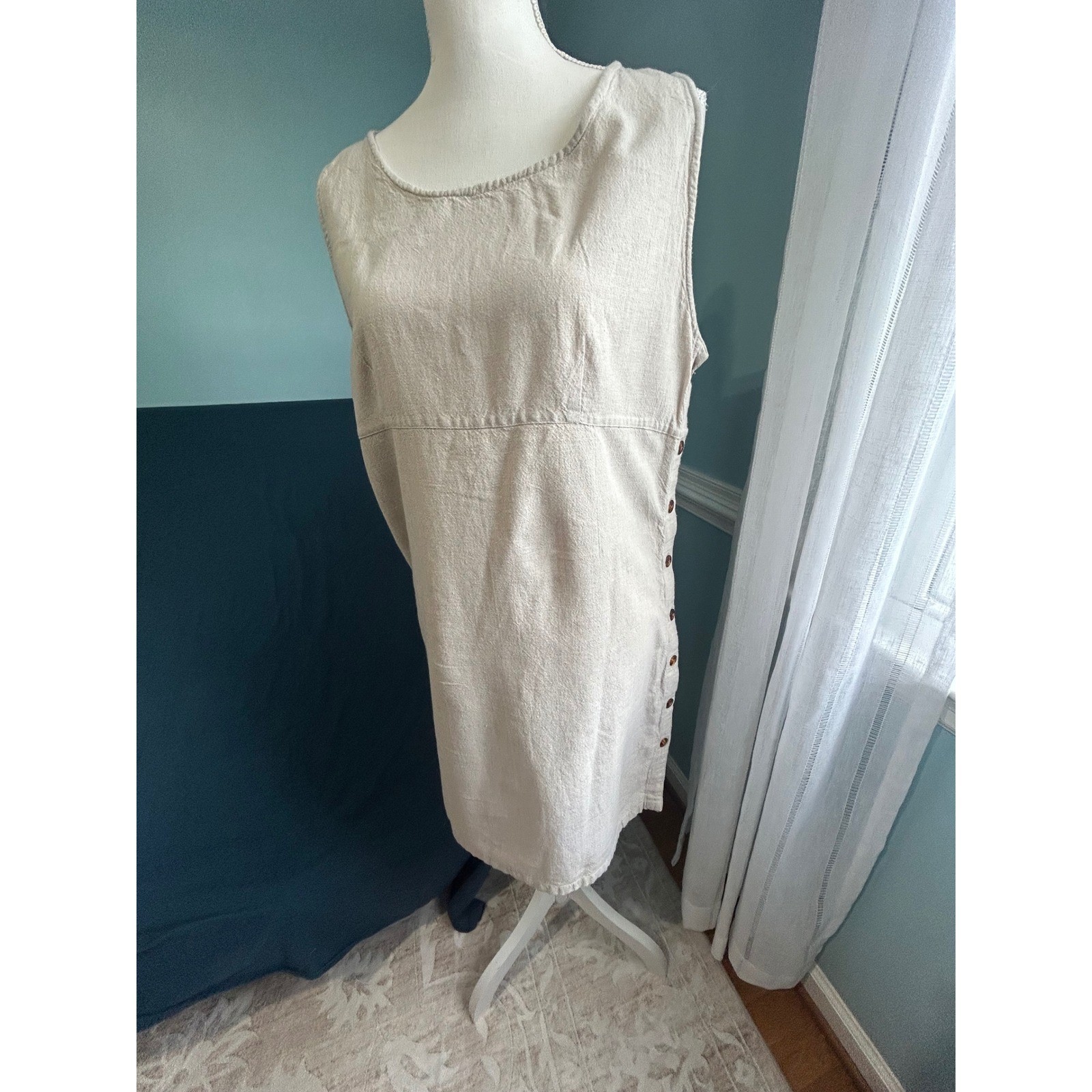 Styleworks Womens Beige Cotton Sleeveless Side Button Shift Dress J 5980 Large