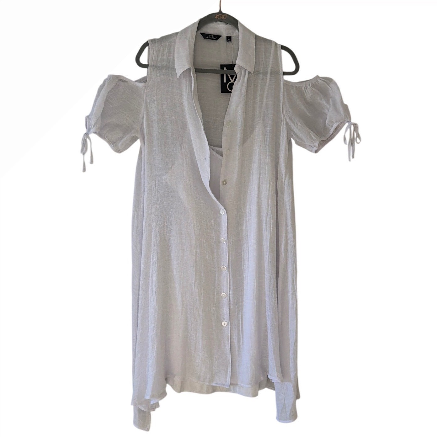 Mlle Gabrielle White Cold Shoulder Button Down Dress with Slip Large NWT