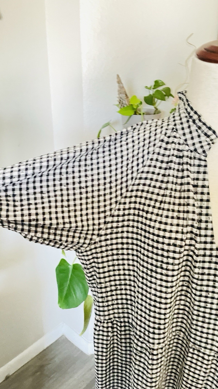 CeCe Black White 2X Gingham Tiered Midi Dress PuffSleeve Cottagecore Prairie