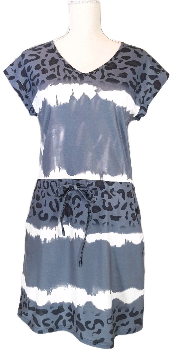 Leopard Cheetah Tie Dye V-neck Short Sleeve Dress Drawstring Waist Pockets SzS