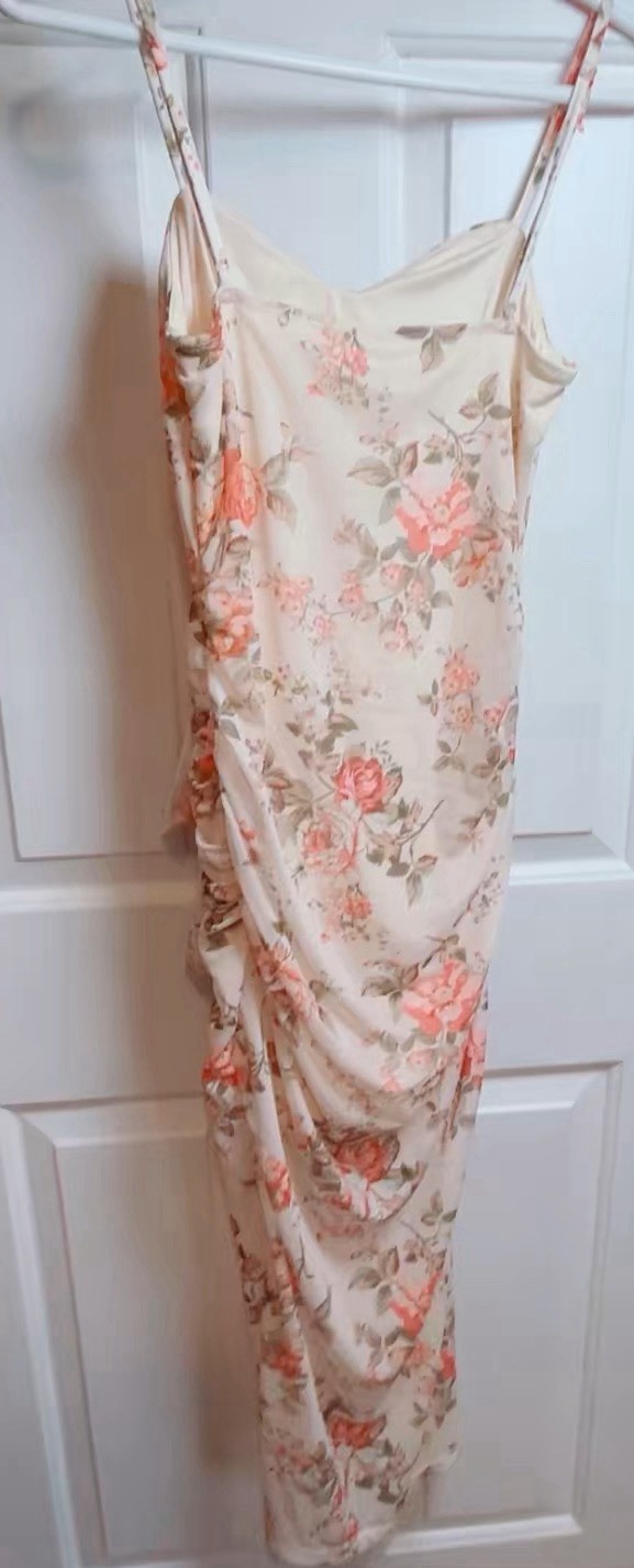 Beige Pink Green Floral Chiffon Maxi Dress Sleeveless Ruched Ruffle Strappy