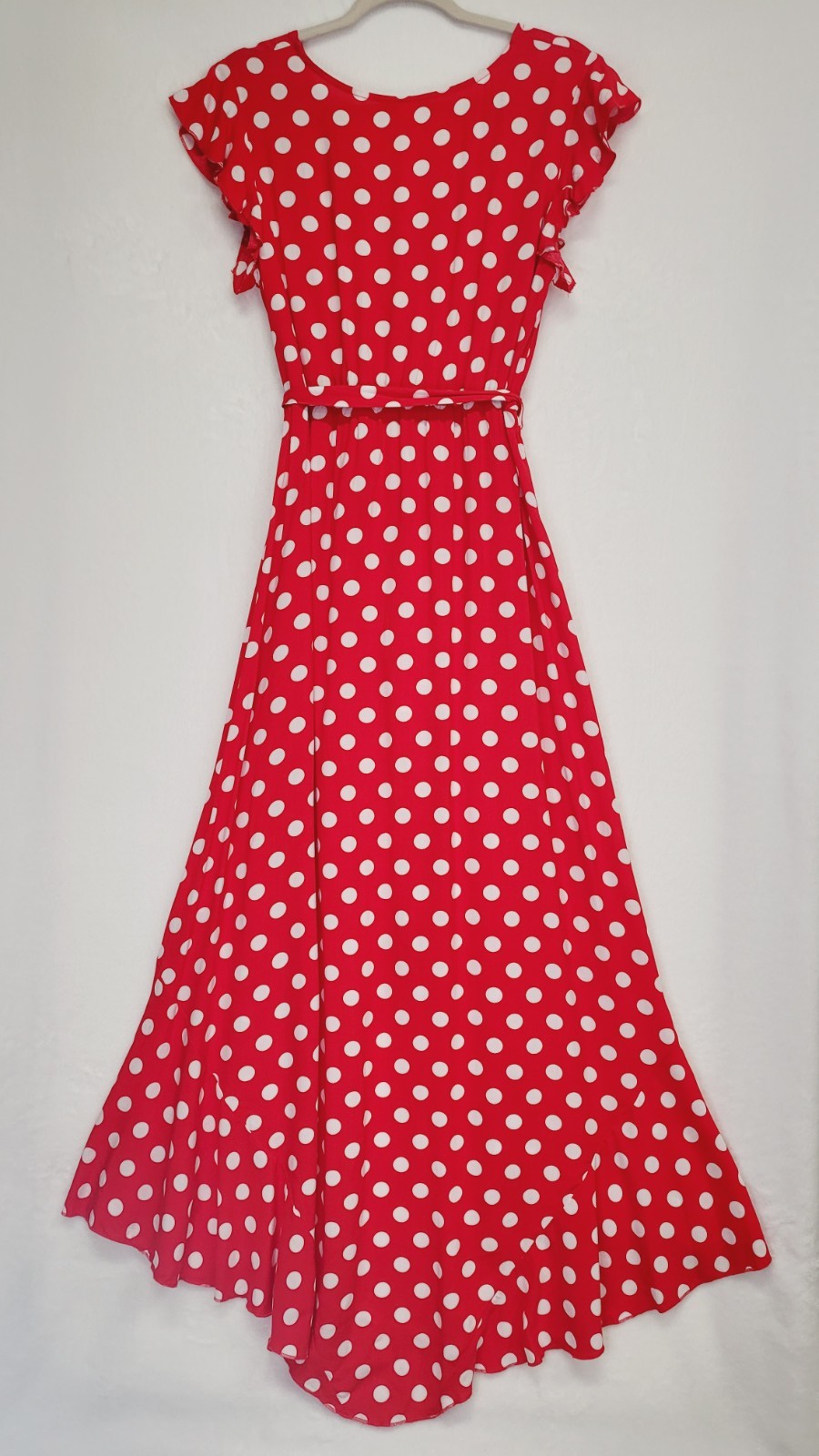 Red Polka Dot Faux Wrap Surplice Maxi Dress M Hi Low Ruffle Romantic Retro Femme