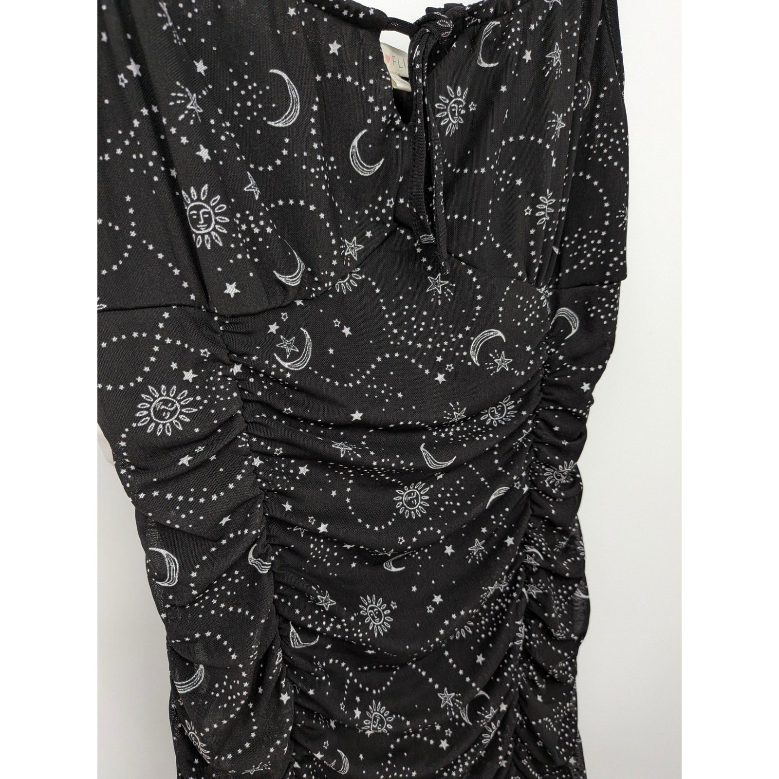 Celestial Mini Dress Womens Medium Black Festival Ruched Bodycon Stars Witchy