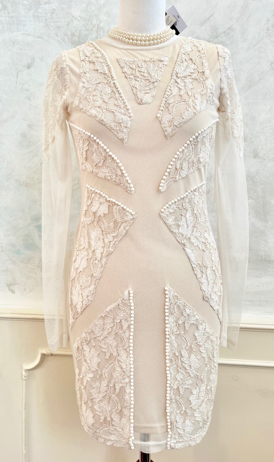 NEW+TAGS -TOPSHOP Nude Ivory Bead Sculptured Stretch Bodycon Dress 10 RRP £60
