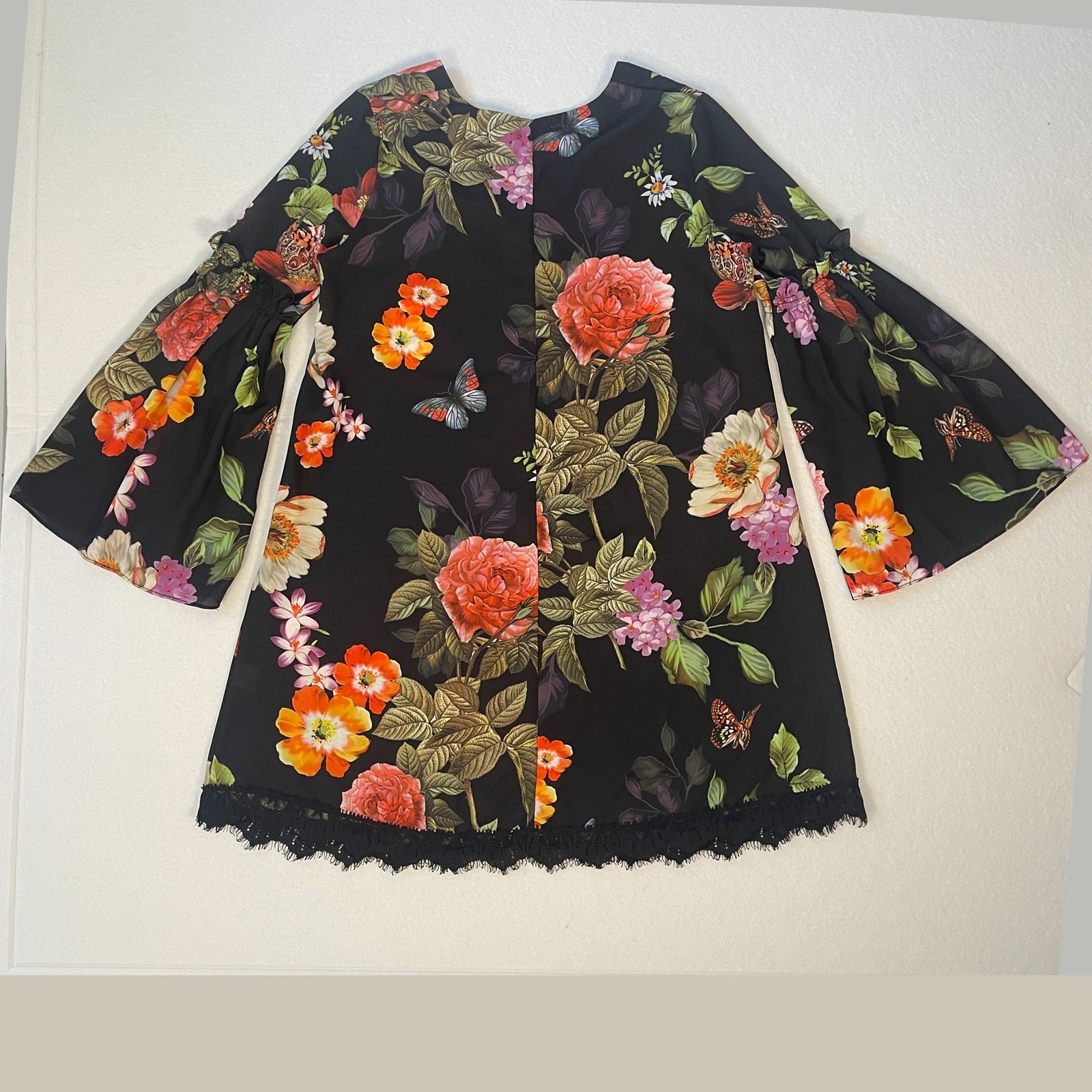 Alexia Admor Floral Butterfly Mini Dress Bell Sleeve Lace Hem Black Size S