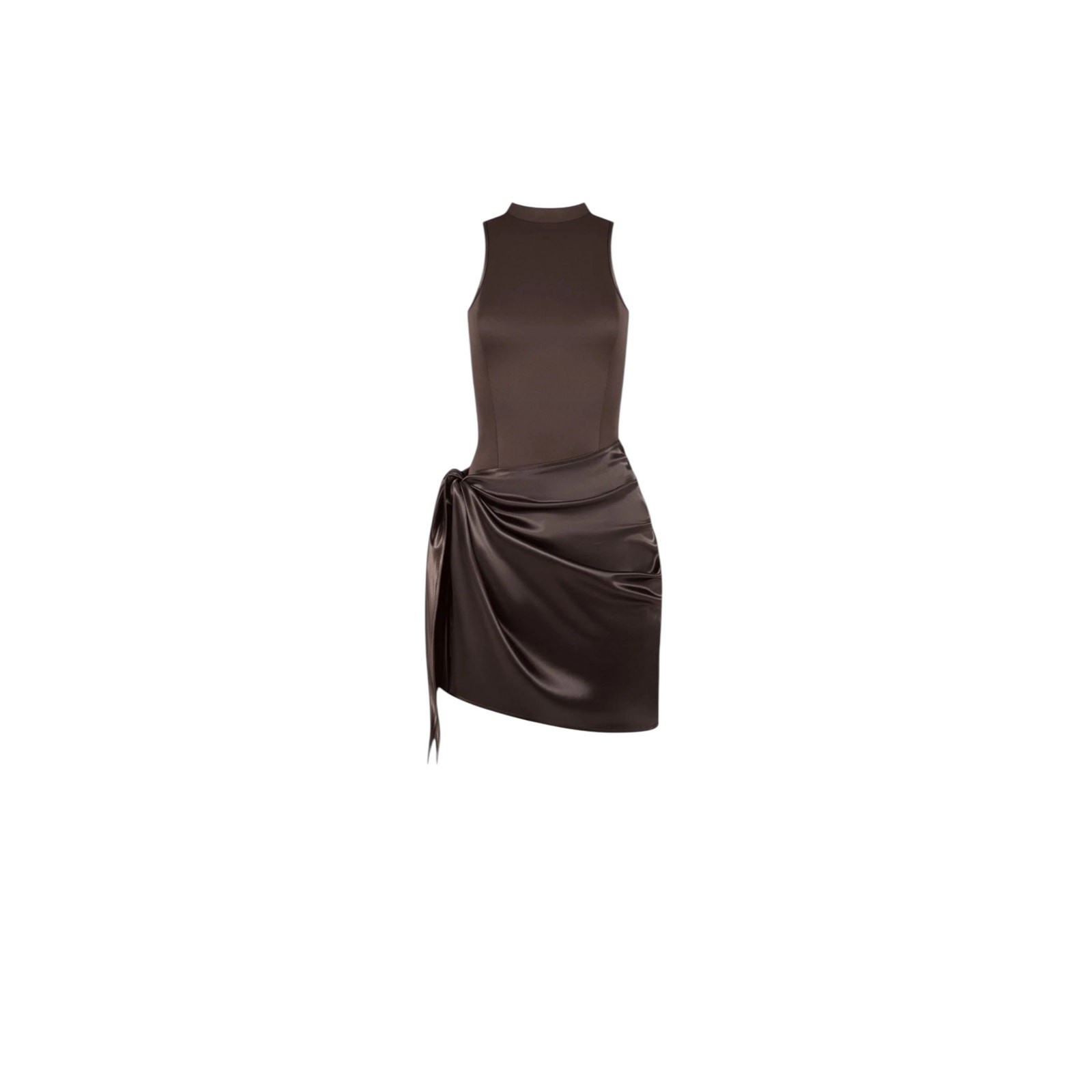 Manière De Voir Neoprene & Satin Wrap Bodycon Dress brown. Elegant modern glam