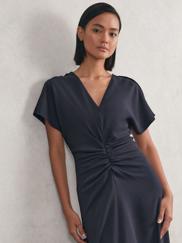 NEW, Reiss Rowe Ruched-Front Midi Dress in Navy Sz 8 #LD0269