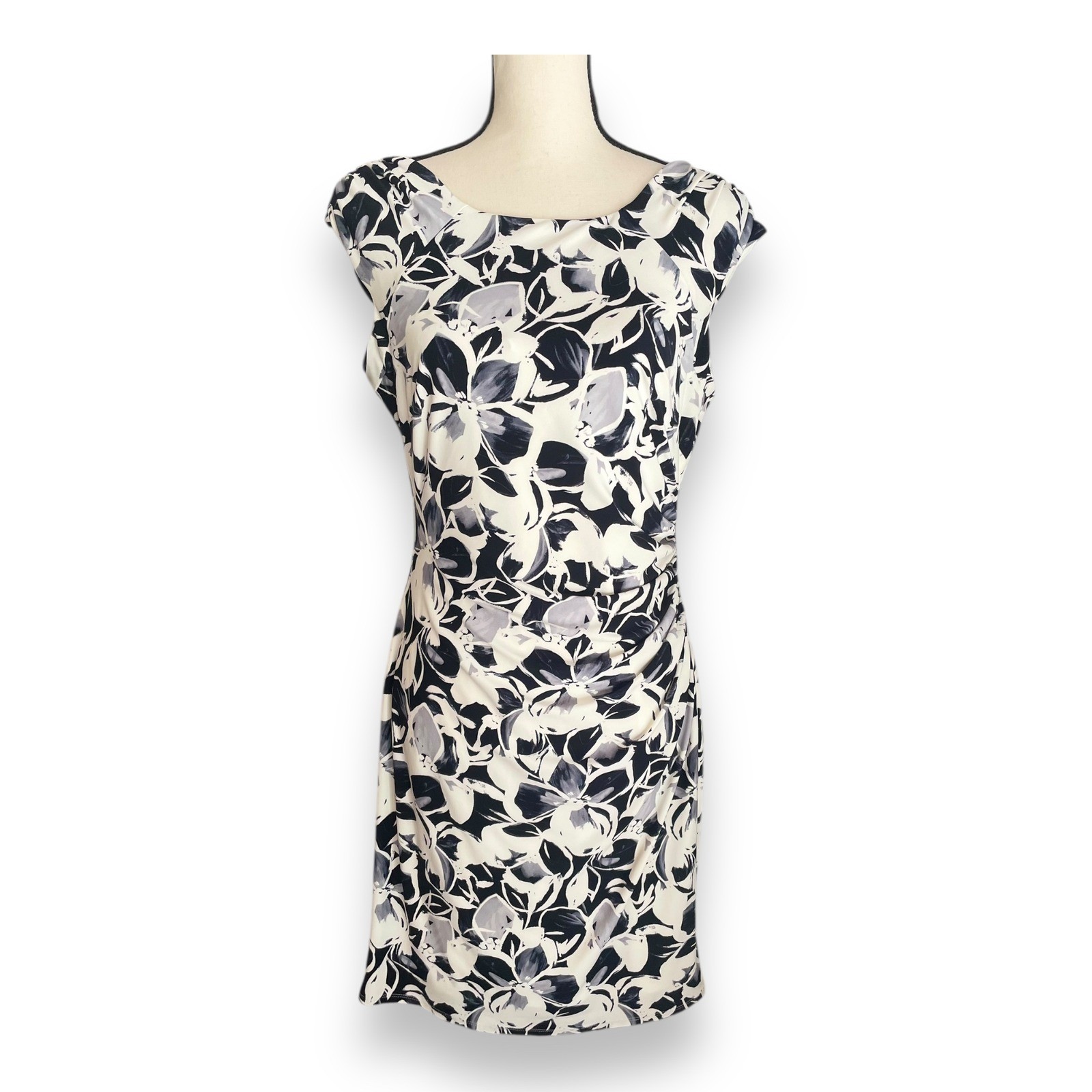 Lauren Ralph Lauren Navy Cream Floral Ruched Sheath Dress 12P Petite Cap Sleeve