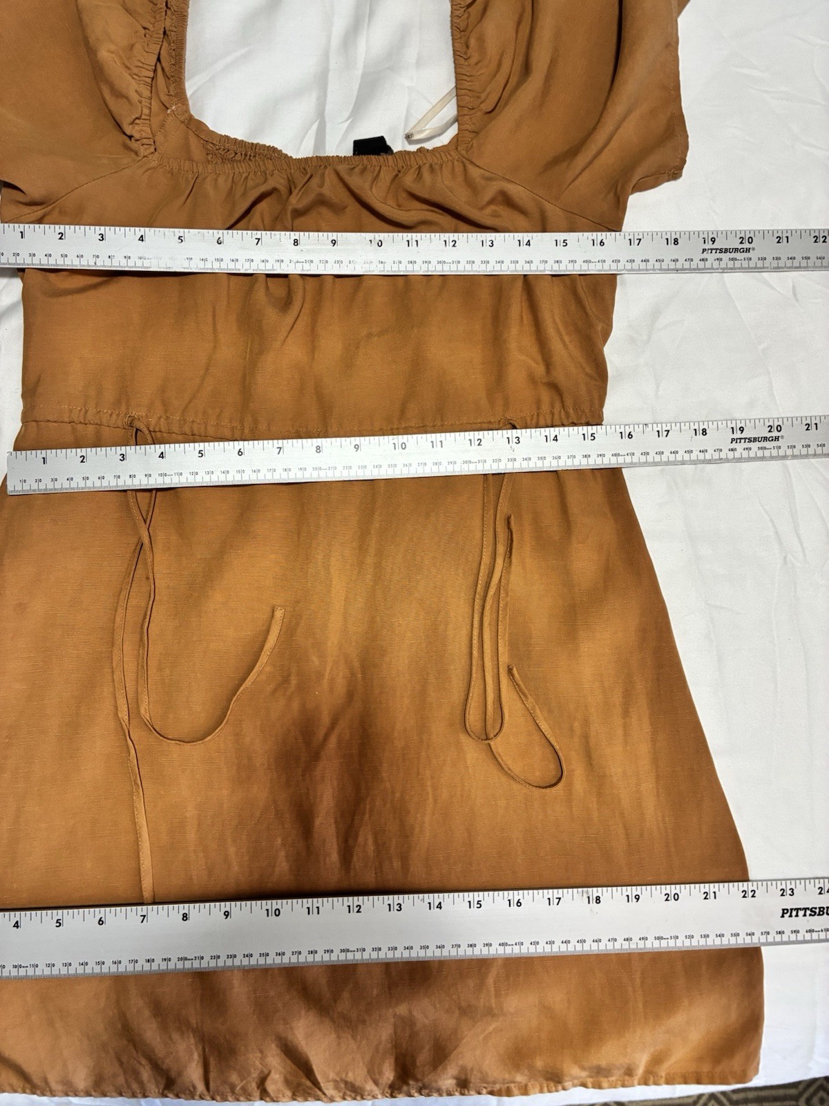 Forever 21 Womens M Brown Solid Smocked Square Neck Short Sleeve Mini Zip