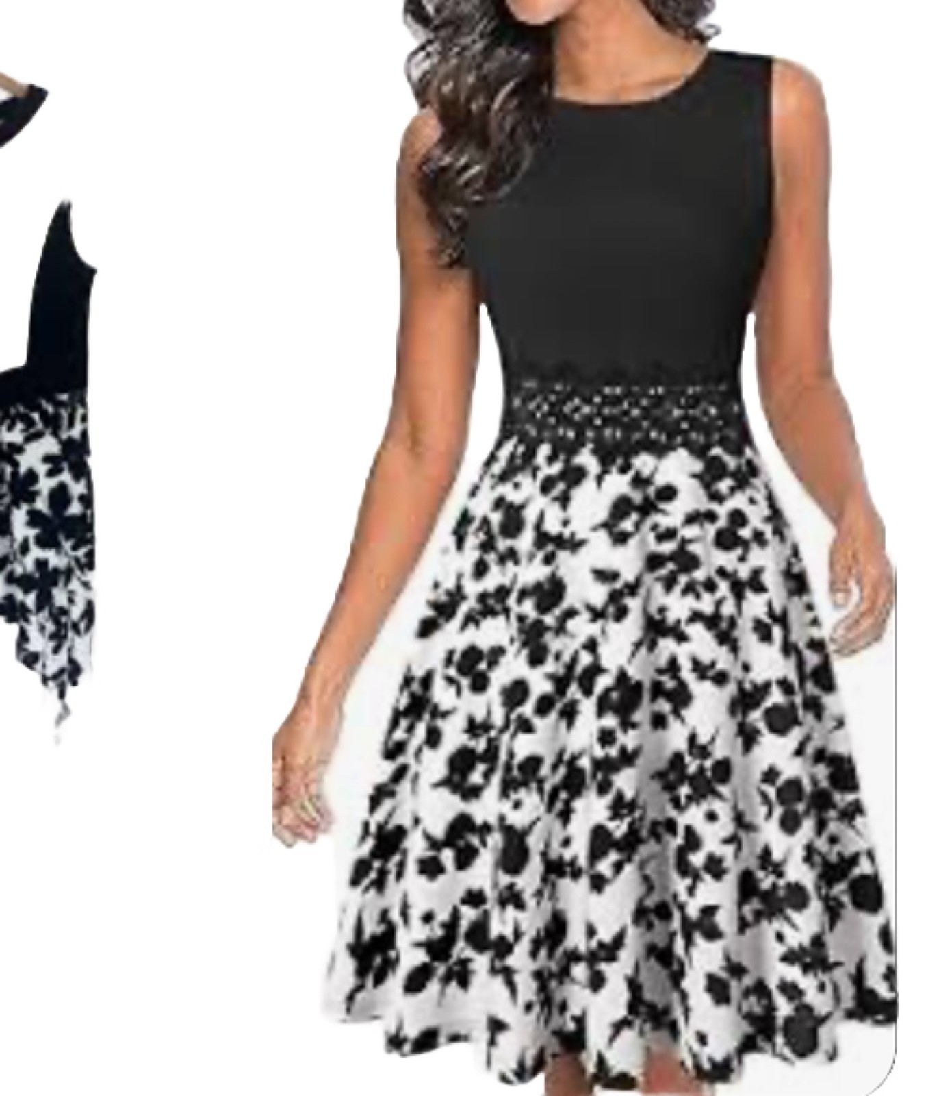NWT OWIN LARGE White/Black Dress-Fit Flare Midi Coquette-Empire Waist-Stretch