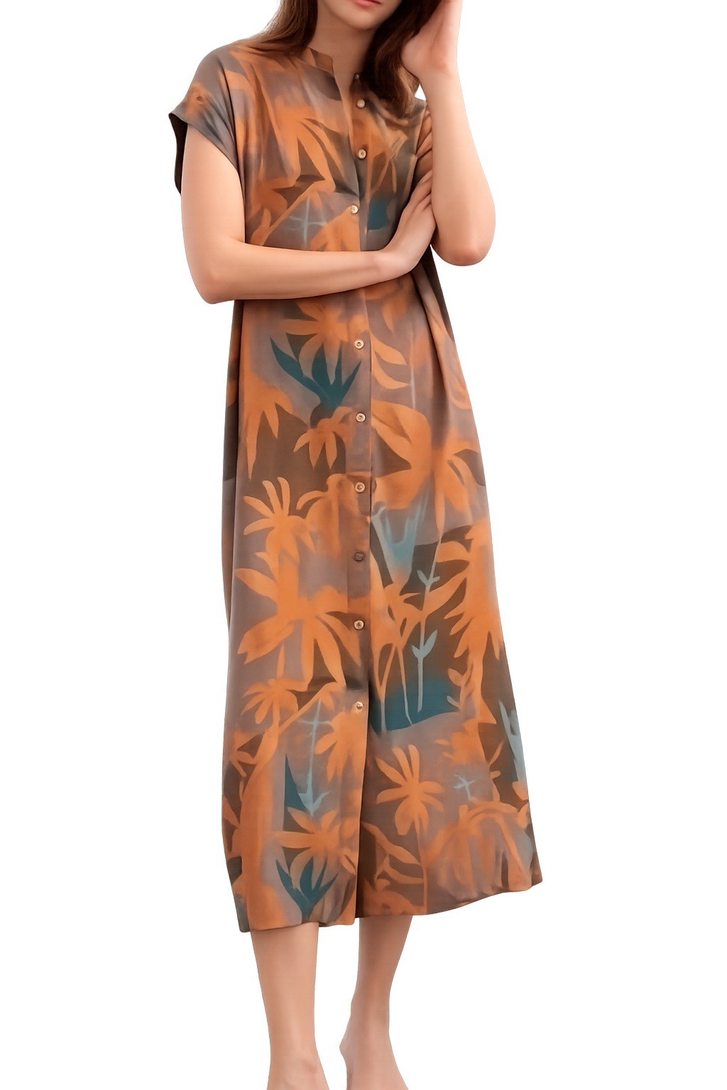 & Other Stories Button Front Tropical Palm Print Midi Dress Size 10