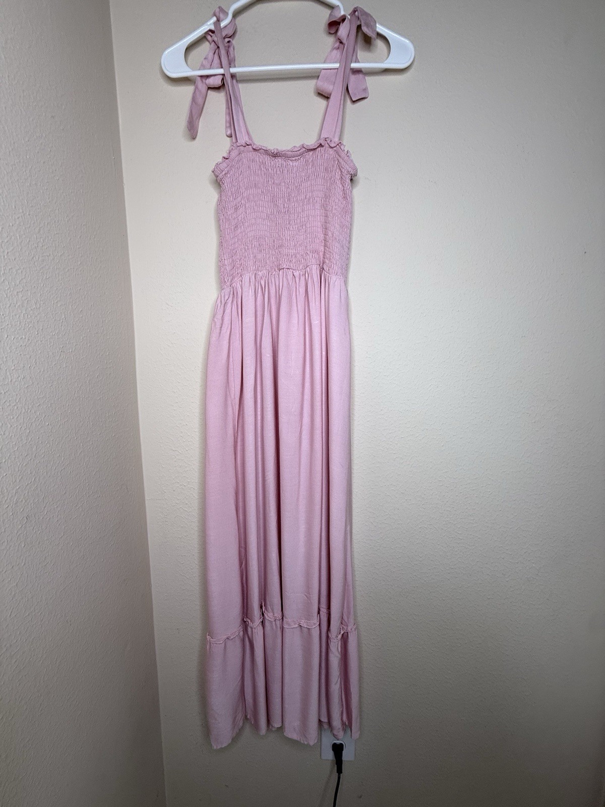 ZESICA Pink Solid Smocked Square Neck Tie-Strap Ruffle Midi Sundress Sz 2