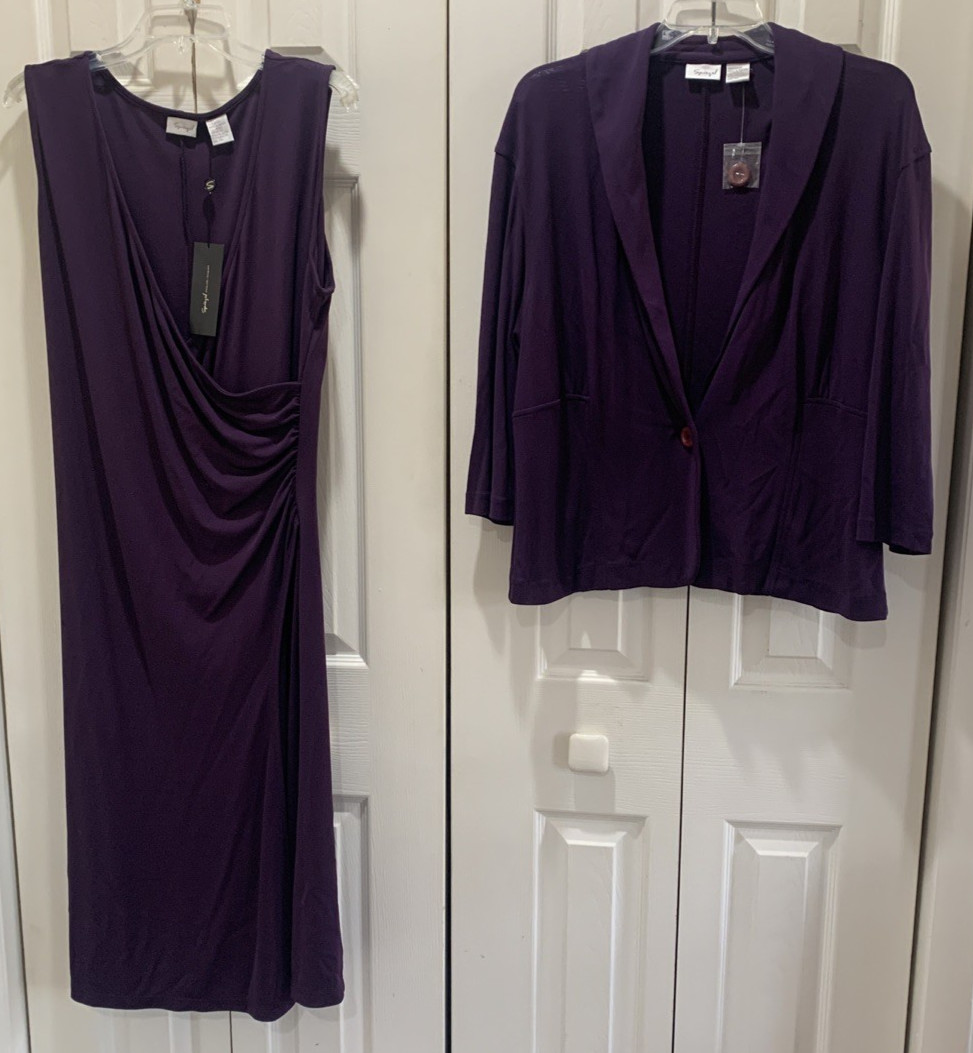 NWT Spiegel Eggplant Purple Sleeveless V Neck Faux Wrap Dress w/ Jacket Size XL