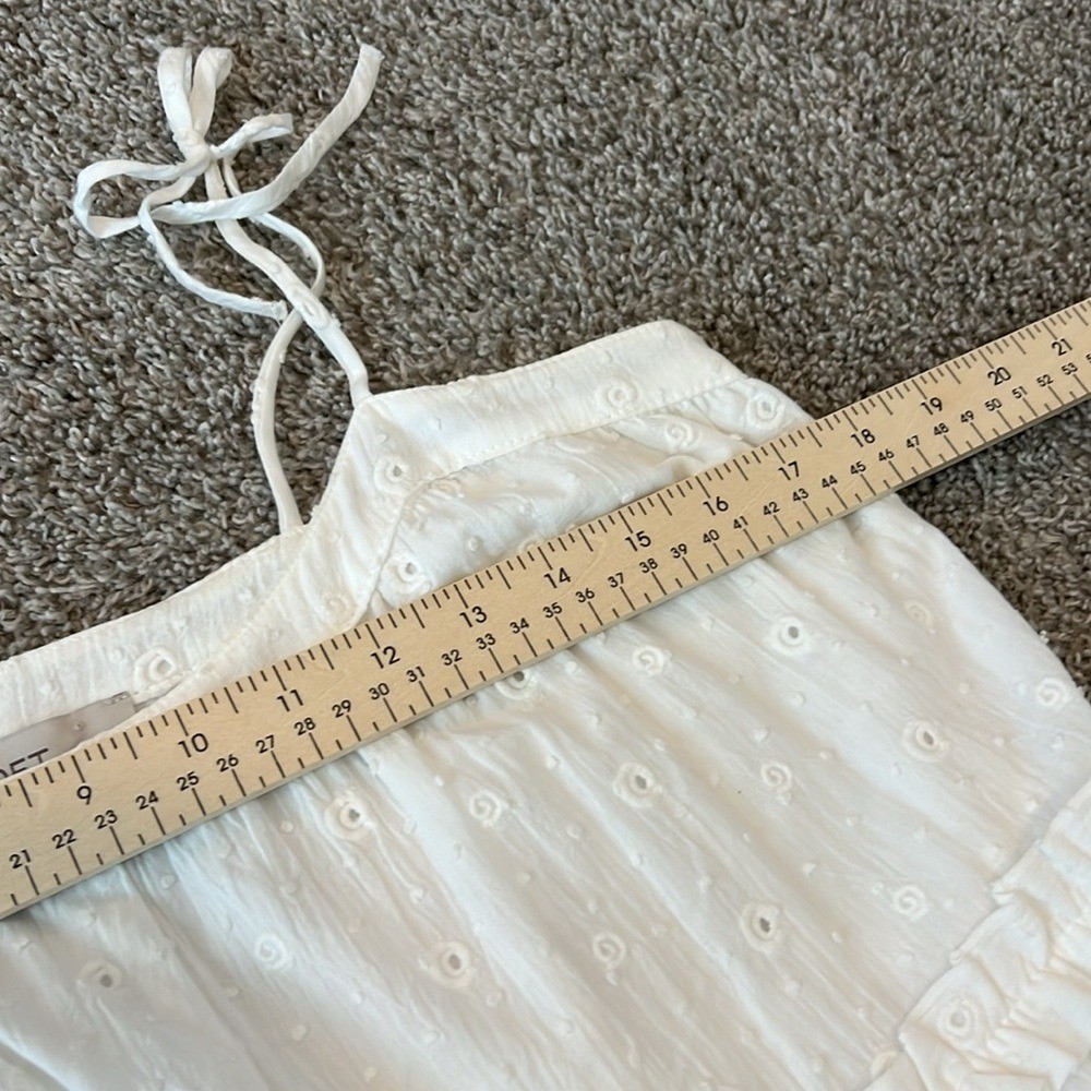 EUC Woman’s Loft White Clip Bow Strap Ruffle Swing Dress Small 4 6 Eyelet Flowy