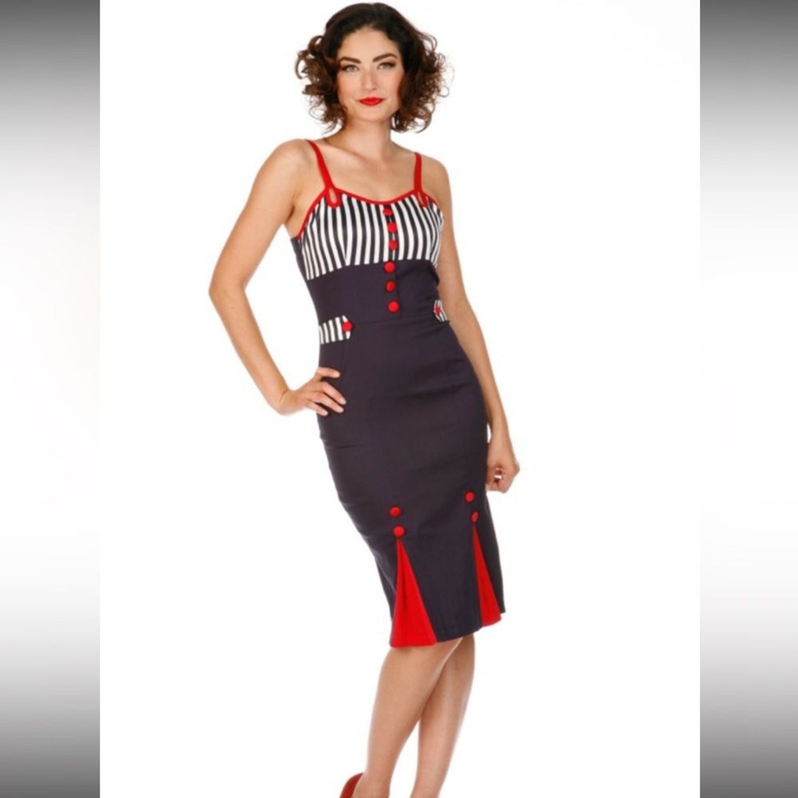🎀Voodoo Vixen Sailor Rockabilly Blue and Red fitted wiggle nautical dress S