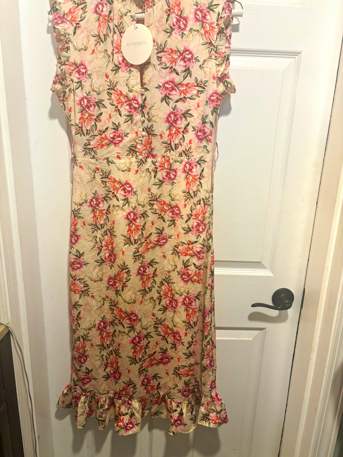 Esther & Co Beige Pink Green Floral Sleeveless Button Ruffle Maxi Dress M