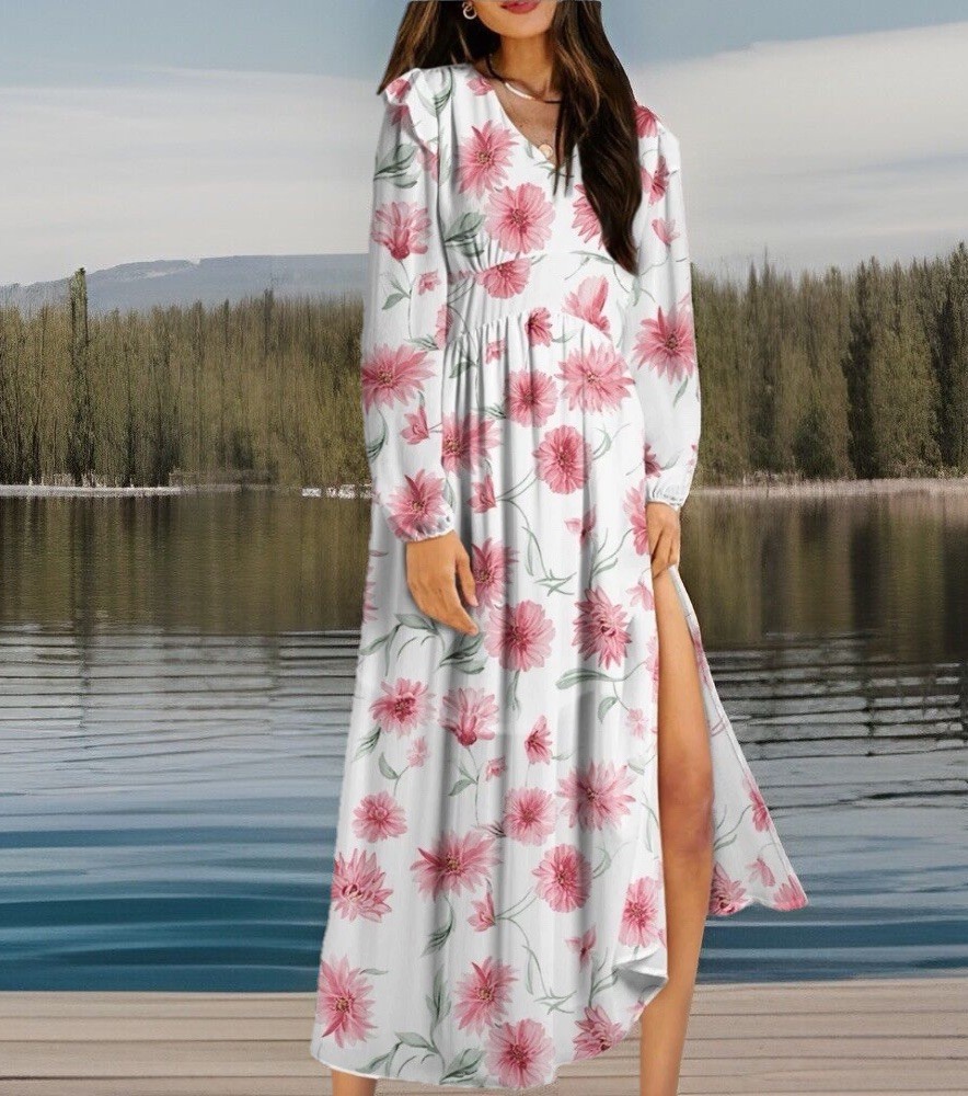 BEAUTIFUL LIMITED BLENCOT Womens Casual Ruffle Floral Boho Dress Crepe VNeck (M)