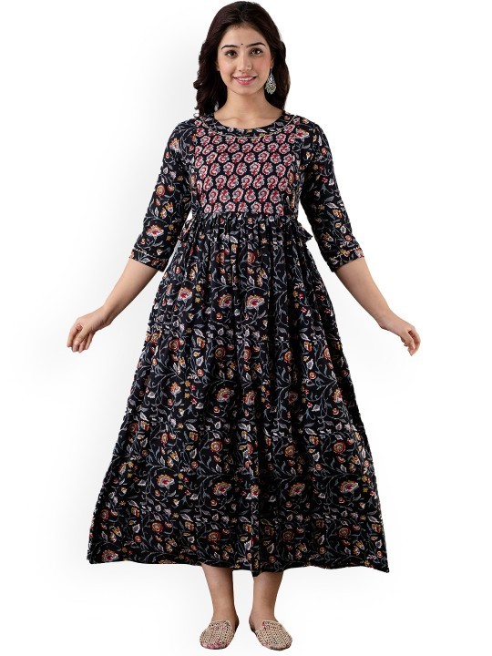 Handmade Floral Cotton Maternity Dress : Nursing Friendly Gown With Side Zipper