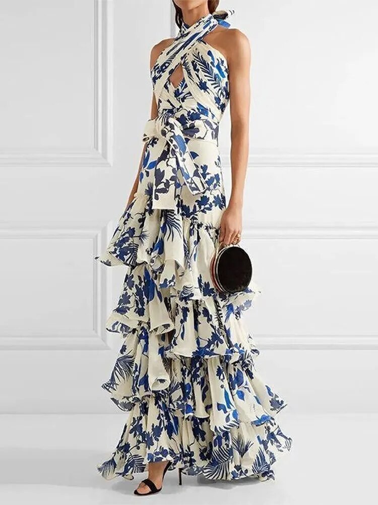 Women Printed Vestidos Sleeveless Neck-mounted Formal Ruffled Evening Dresses