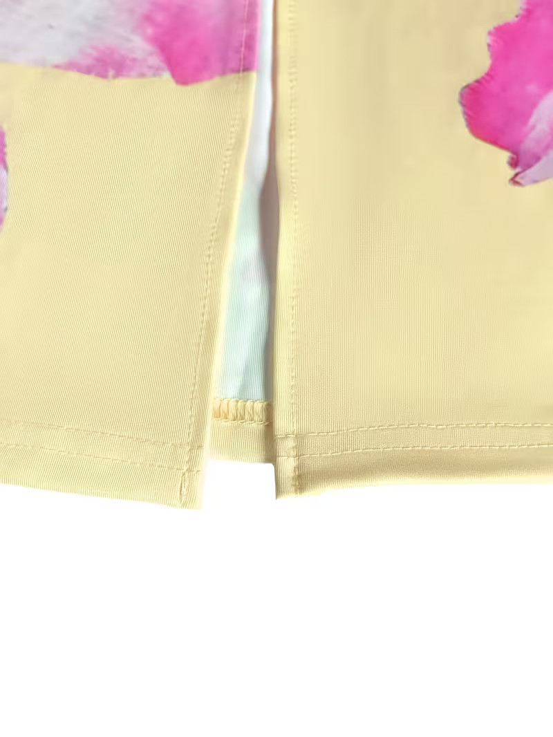 NEW Large Elegant Sleveless Ruched Soft YELLOW Maxi Dress w Pink & White Flowers