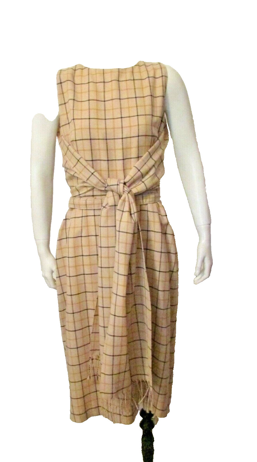 $2690 Carolina Herrera Italy Grey Plaid Attached Fringed Scarf Belted Dress 10