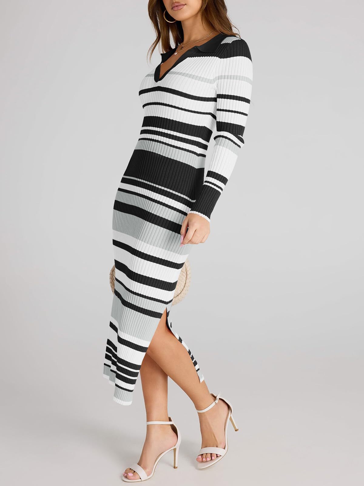 Womens Striped Sweater Dress V Neck Collared Slim Fit Midi Dress (Black S)