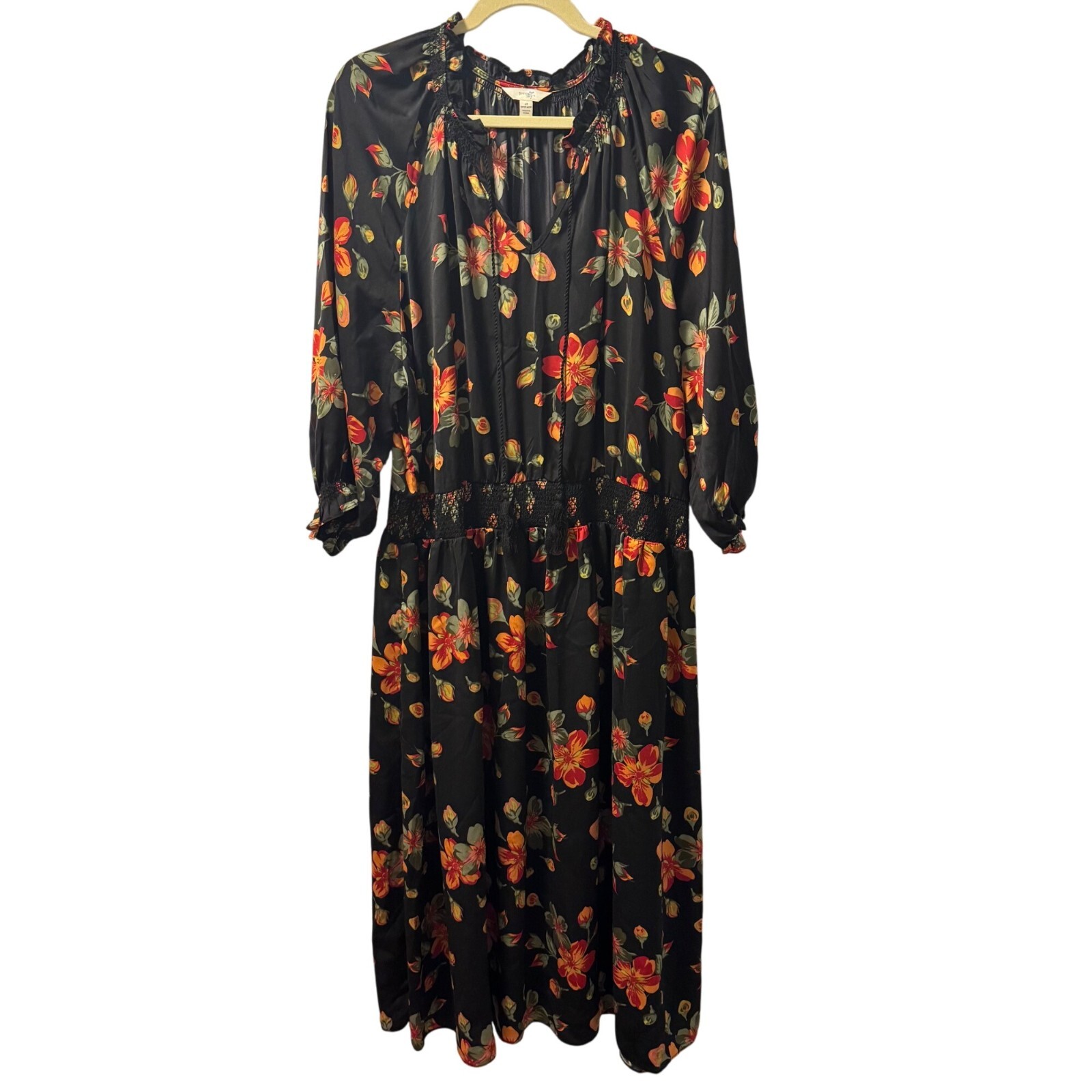 Terra &Sky Floral Black Midi Dress Sz 2X Dress 100% Polyester With Elastic Waist
