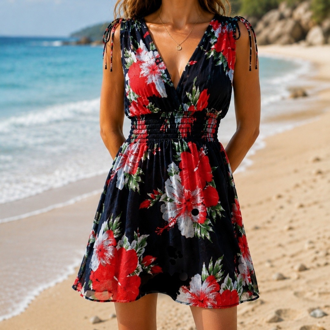 Boho Tropical Floral Beach Mini Dress S Smocked Empire Waist V-Neck Shoulder Tie