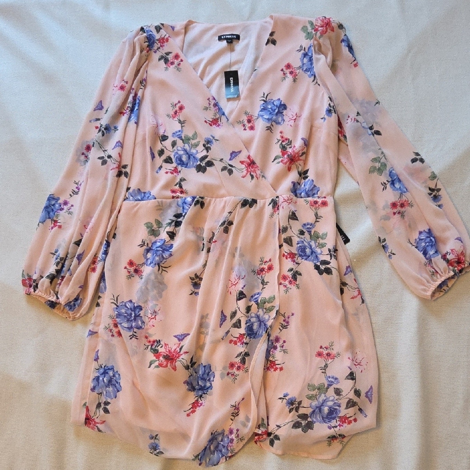 Express Pink Blue Floral Long Sleeve Sheer Fit and Flare Dress Size XL