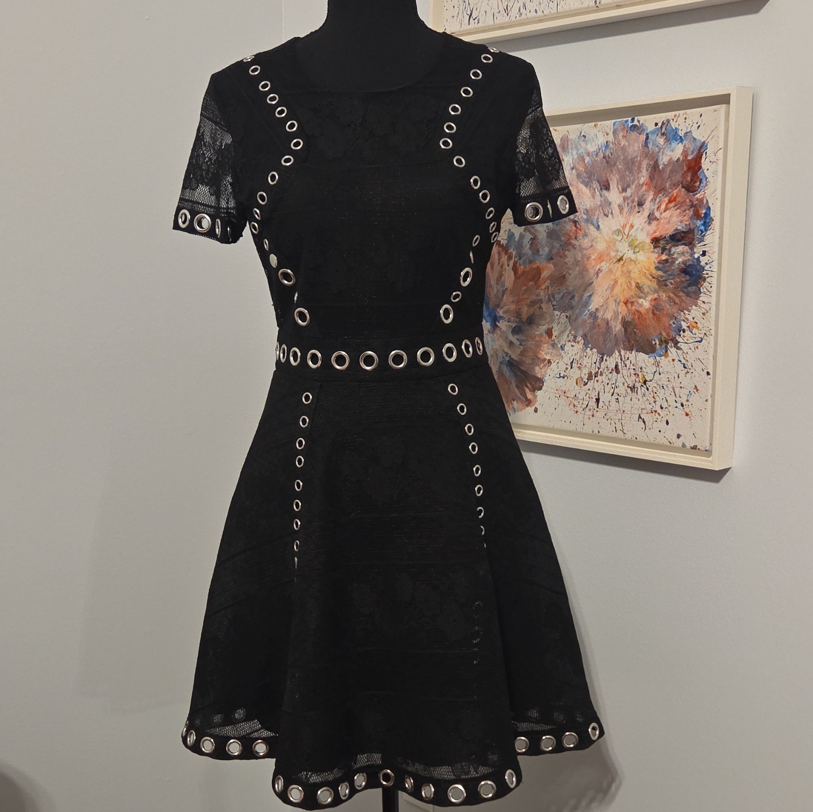 maje Black Lace Fit & Flare Dress Grommet Accents Crew Neck Short Sleeve 38