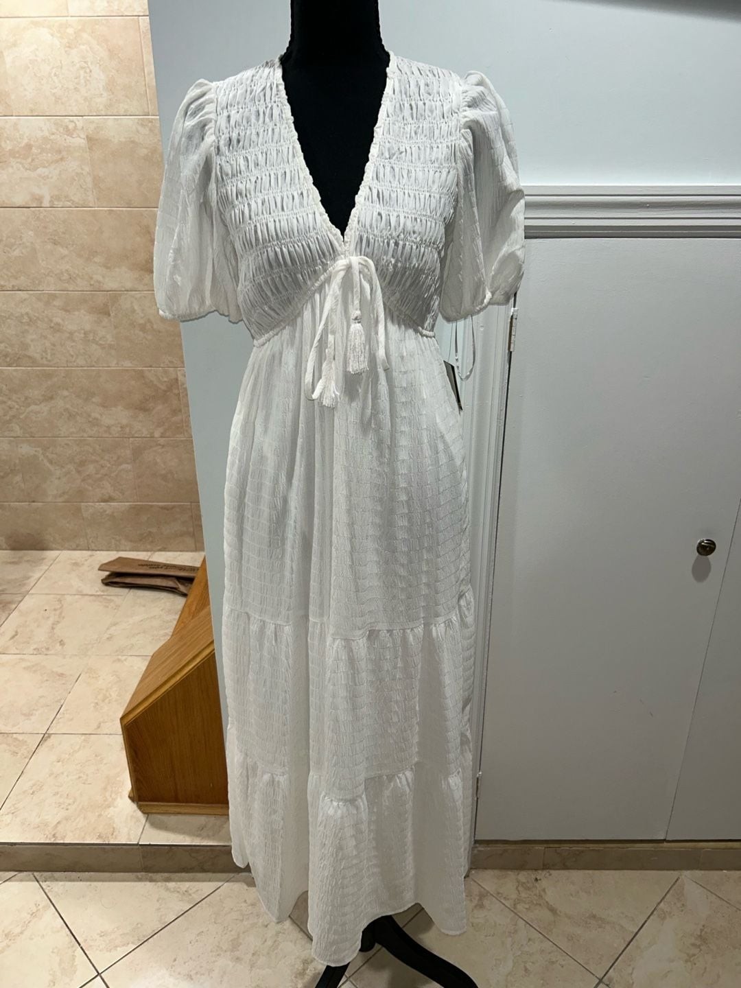 Taylor white textured puff sleeve tiered maxi dress with tassel tie