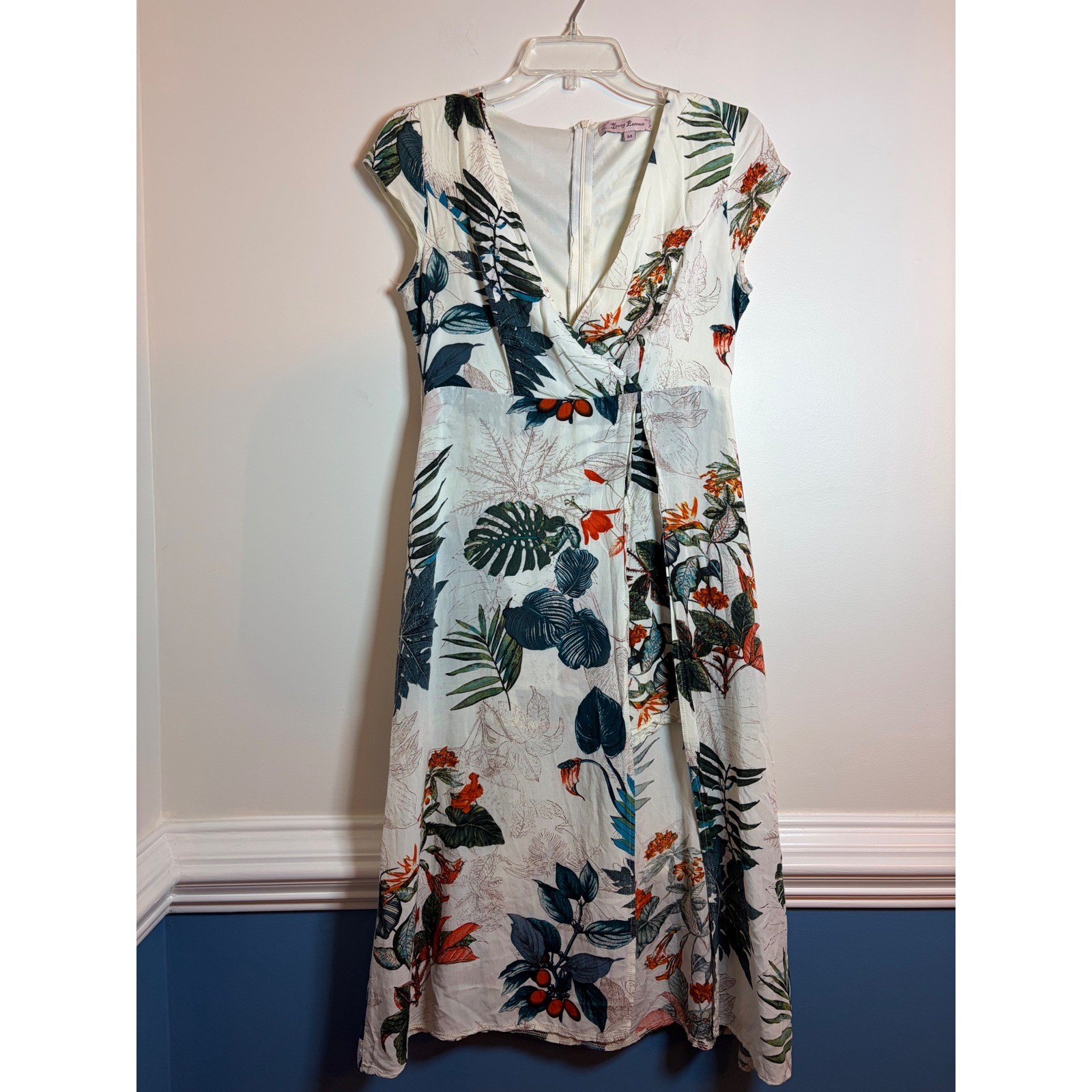 Young Essence Tropical Botanical Floral Faux Wrap Midi Dress White Green Orange