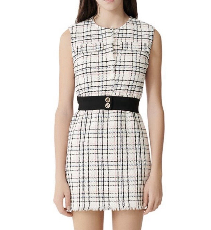 Maje Tweed Plaid Mini Shift Dress Size 40 Black/White/Pink Sleeveless Zip Belt