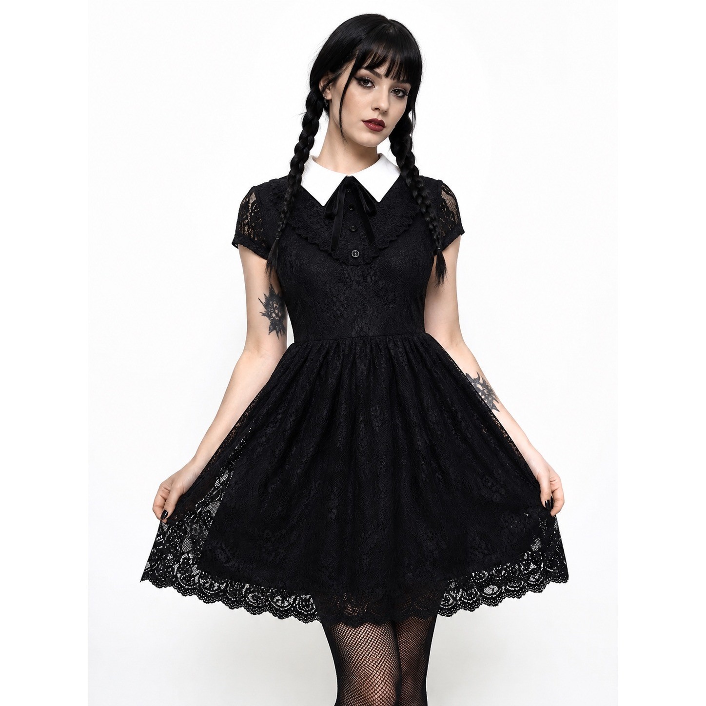 Black Lace Dress White Peter Pan Collar Whimsy Gothic Wednesday Small Killstar