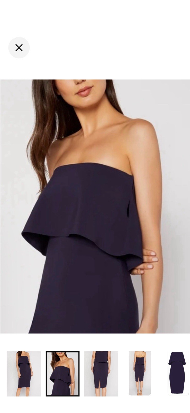 LIKELY Navy Strapless Ruffle Sheath Midi Dress 2 Lined Stretch Zip