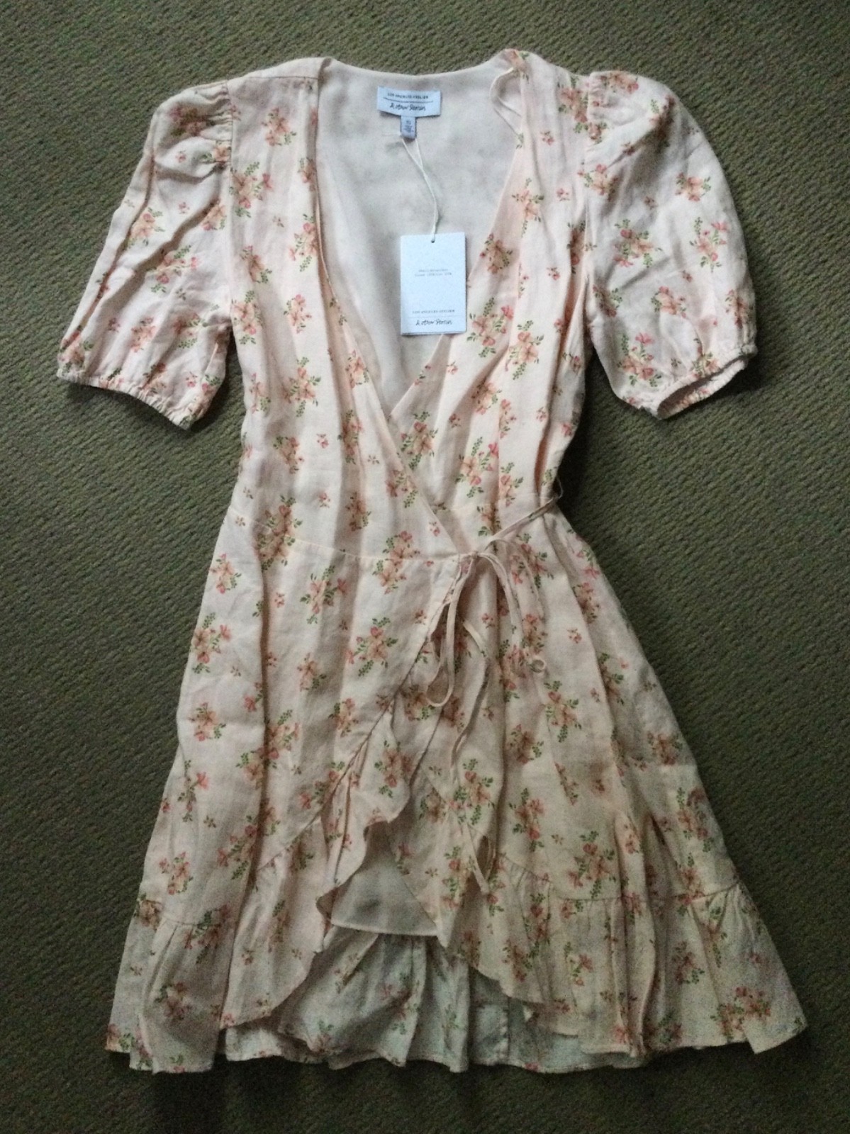 & other stories peach floral 100% linen wrap tie dress ruffles NWT Womens 2 $119