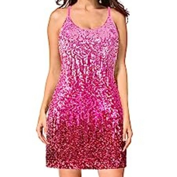 Maner Glitter Sequin Dress Adjustable Spaghetti Strap Sparkle Party Dress, Large