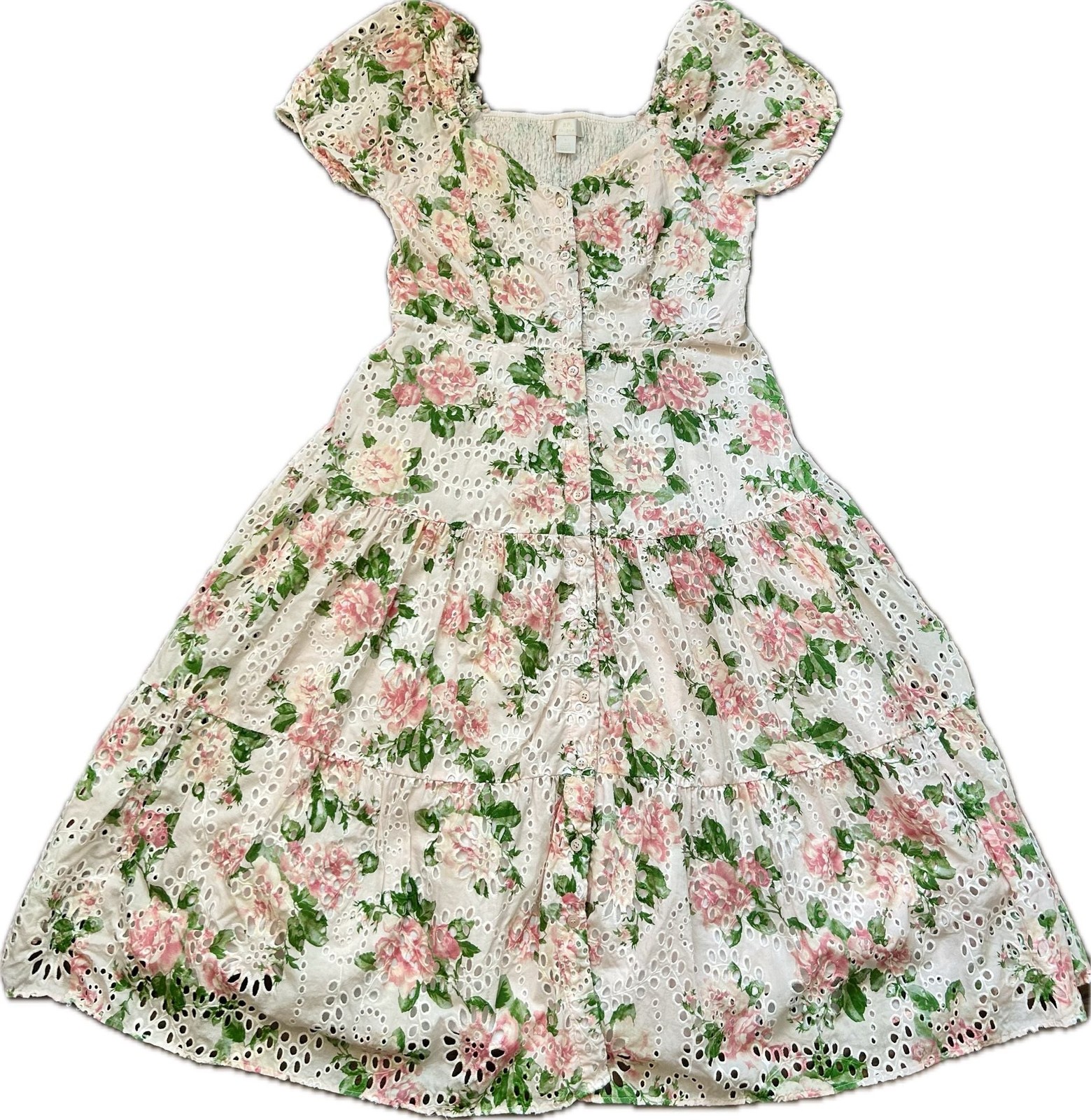 Rachel Parcell Pink Floral Eyelet Puff Sleeve Tiered Maxi Dress Cottagecore
