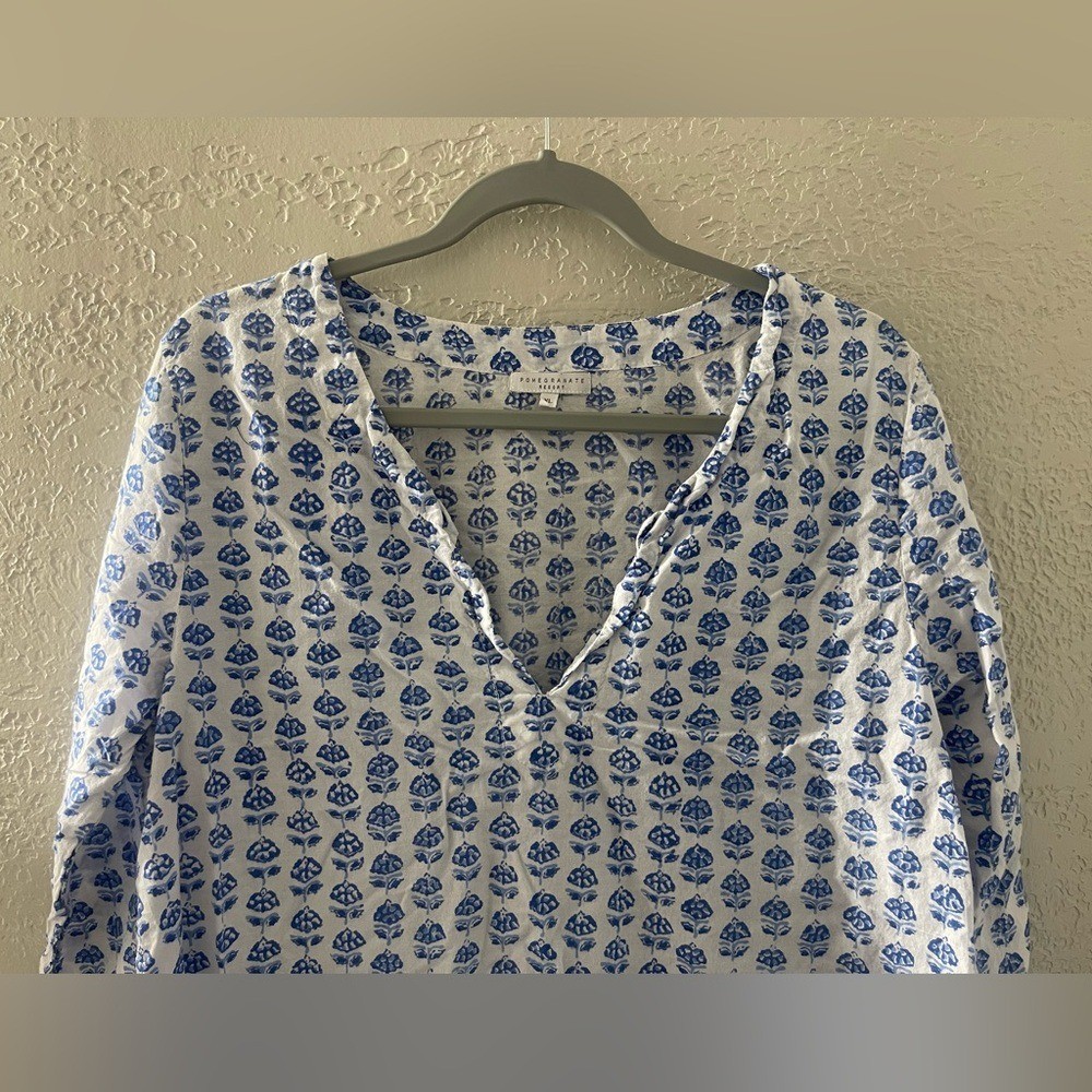 Pomegranate Resort Blue/White Bohemian Vacation Mini Tunic Cotton Dress Large