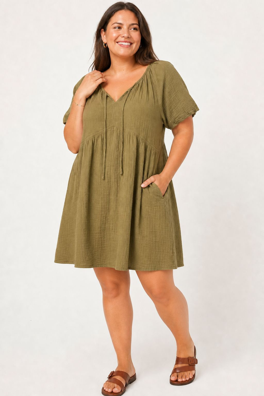Old Navy Women’s L Olive Green Cotton Gauze Mini Swing Dress Pockets Boho