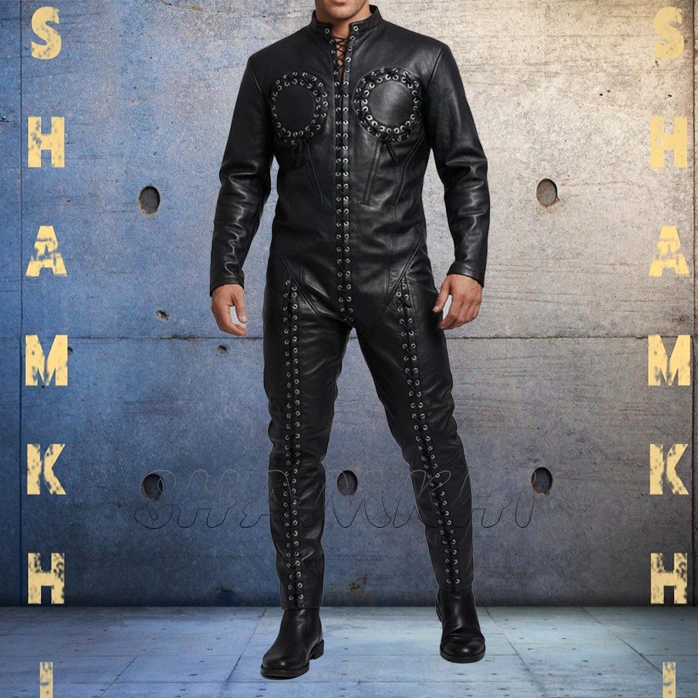 Custom Tailor Fit Men’s Premium Leather Catsuit Dress Costume Adjustable Laces