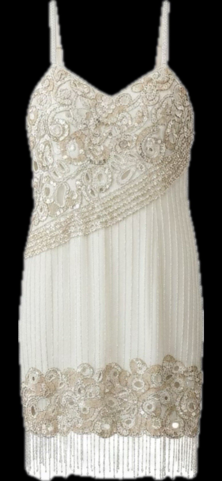 Beige Gold Sequin Beaded Fringe V-Neck Sleeveless Strappy Lined Dress