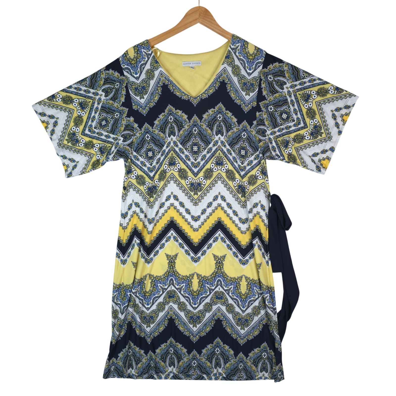 Sandra Darren Paisley Chevron Print Dress Womens Medium Yellow Navy Blue V-Neck